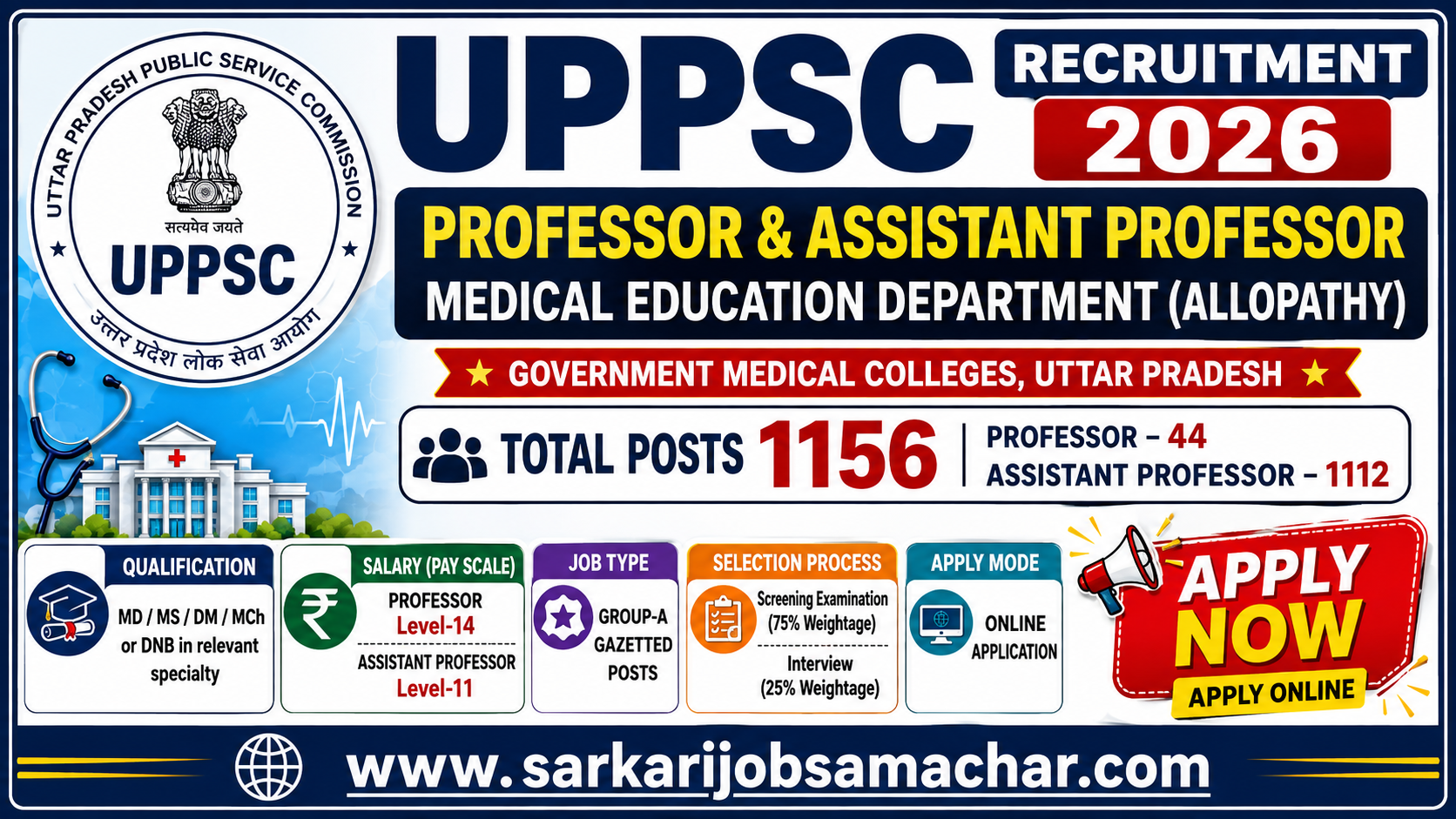 UPPSC Recruitment 2026 - Apply Online for 1156 Medical Professor & Assistant Professor Posts